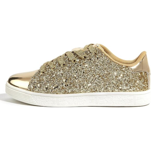 Brand New Women All Gold Rubber Glitter Sneakers Sparkly Fashion Lace Up Shoe - Picture 1 of 9